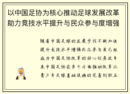 以中国足协为核心推动足球发展改革助力竞技水平提升与民众参与度增强